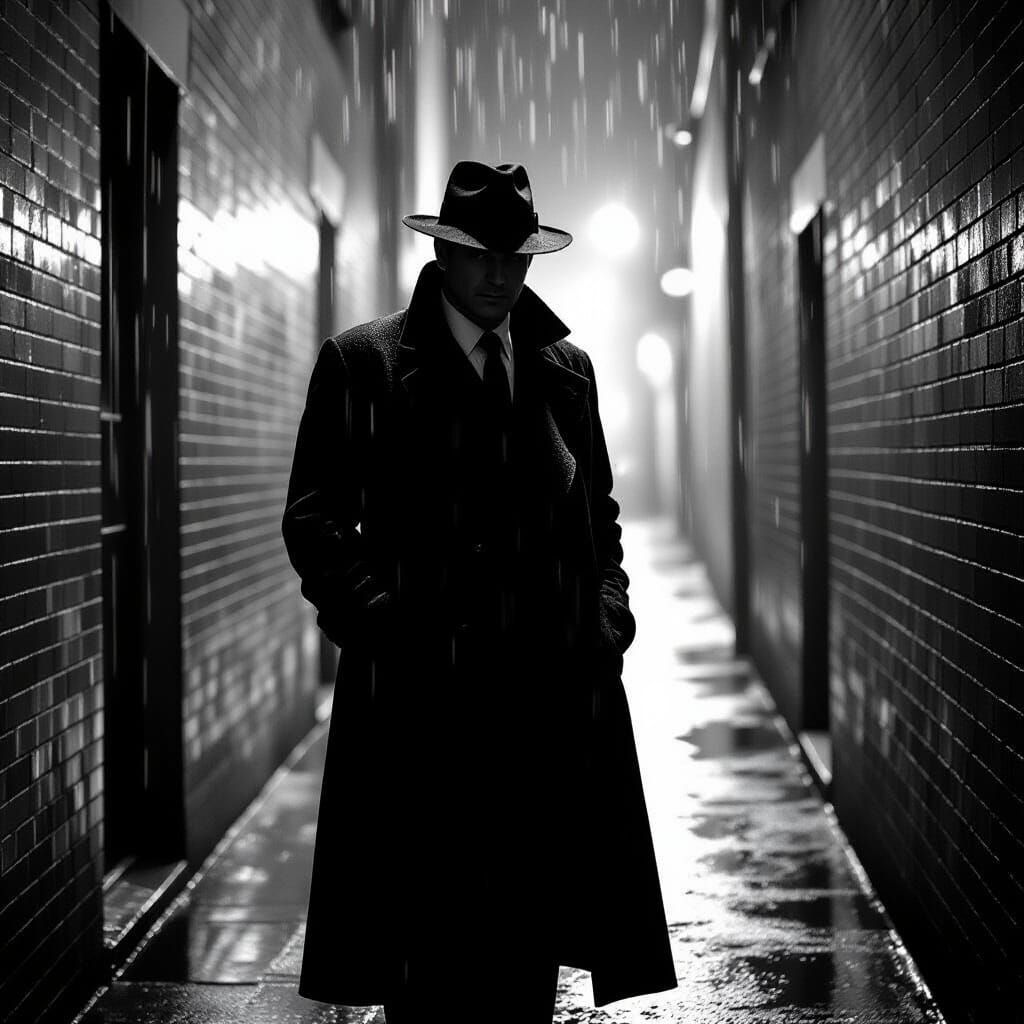 Film Noir Figure in Rainy City Alley