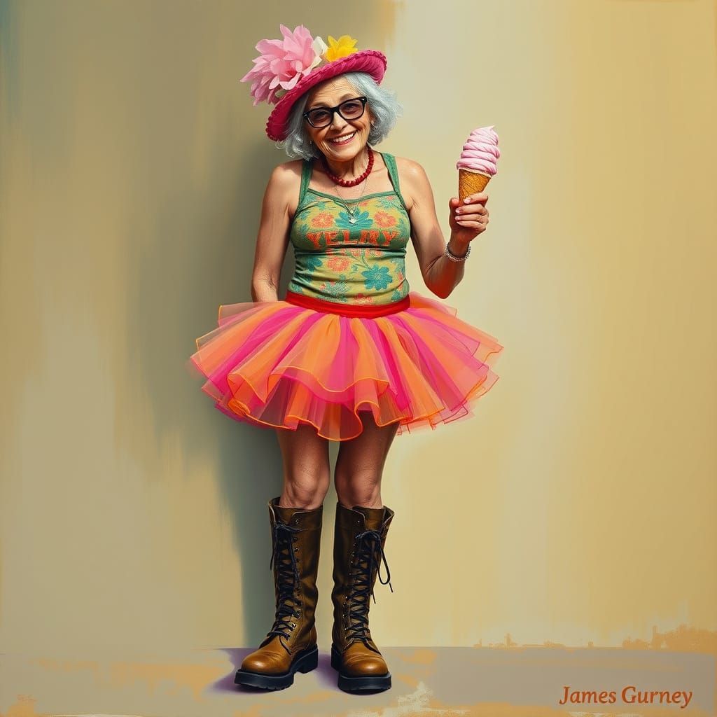 Happy Punk Rock Lady with Ice Cream, Oil Painting