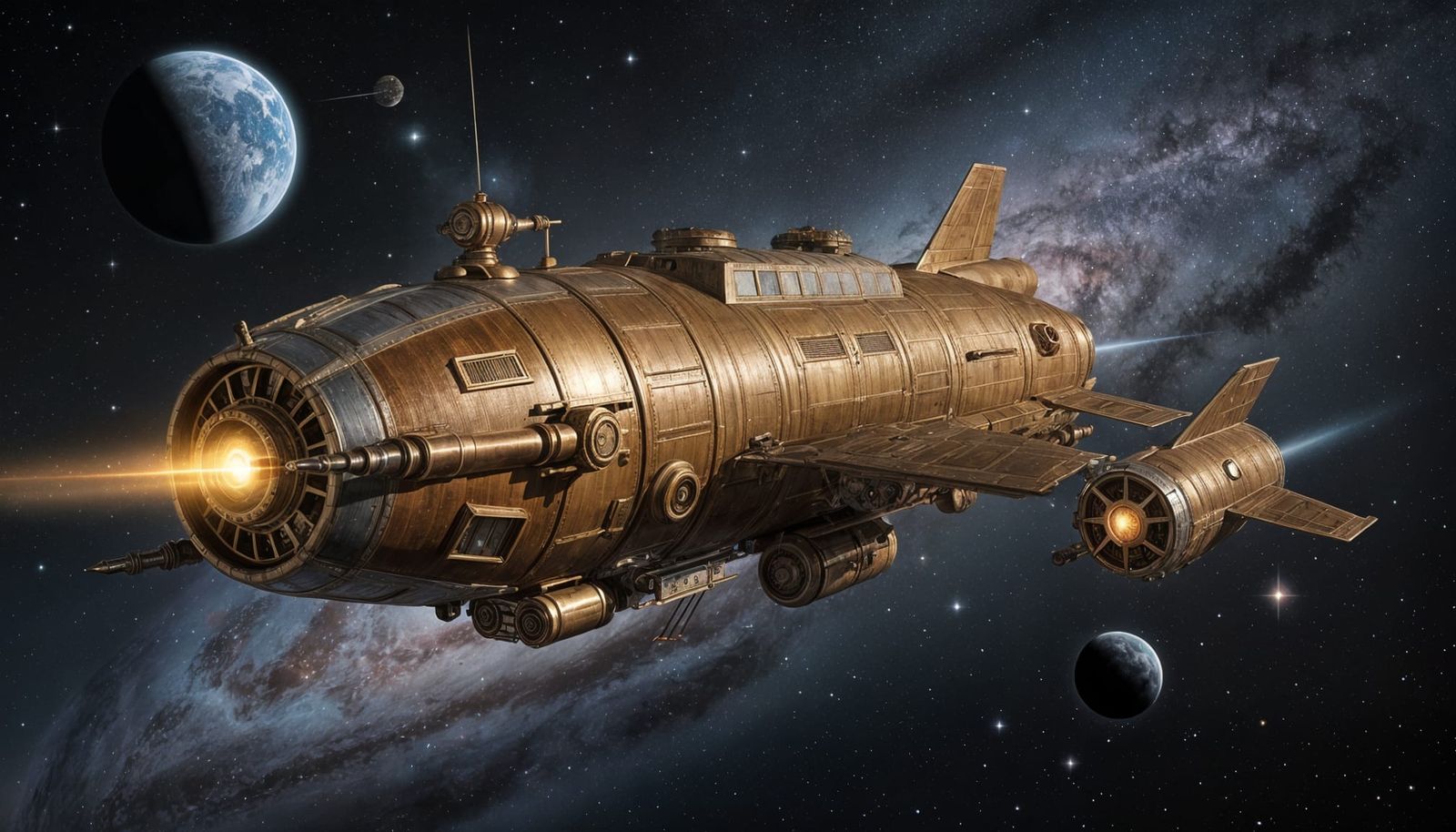 Steampunk Spaceship Soaring Through Galaxies