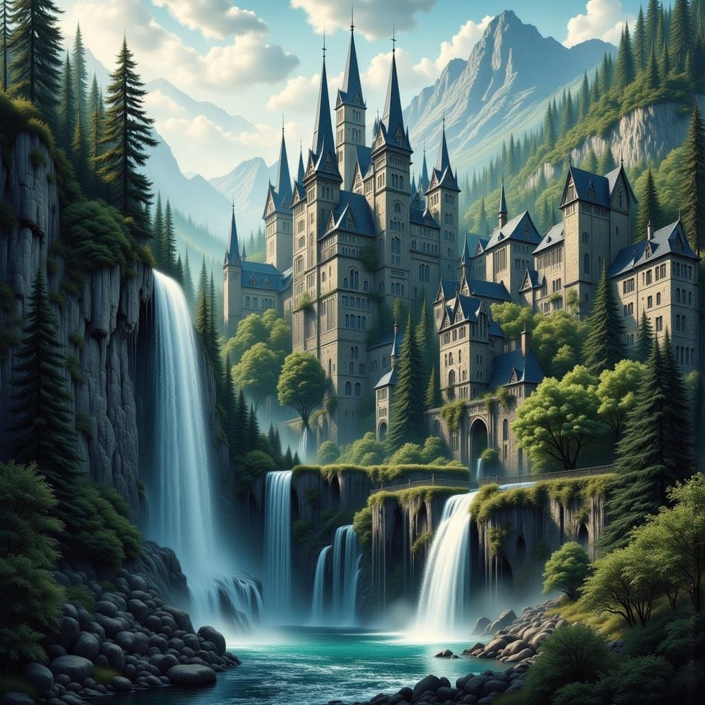 Mystical Waterfall Cityscape with Church Buildings