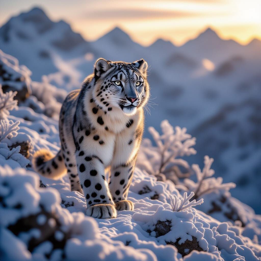 Snow Leopard on Icy Ridge in Cinematic Light