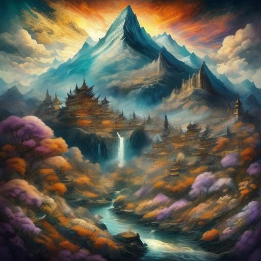 Fantasy Castle with Flower Meadow and Waterfalls