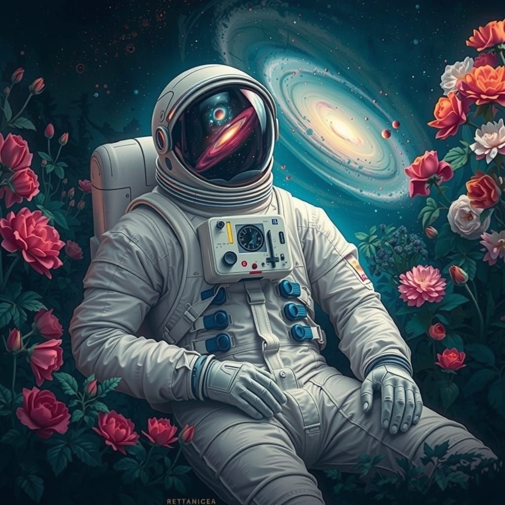 Astronaut in Blooming Cosmic Garden