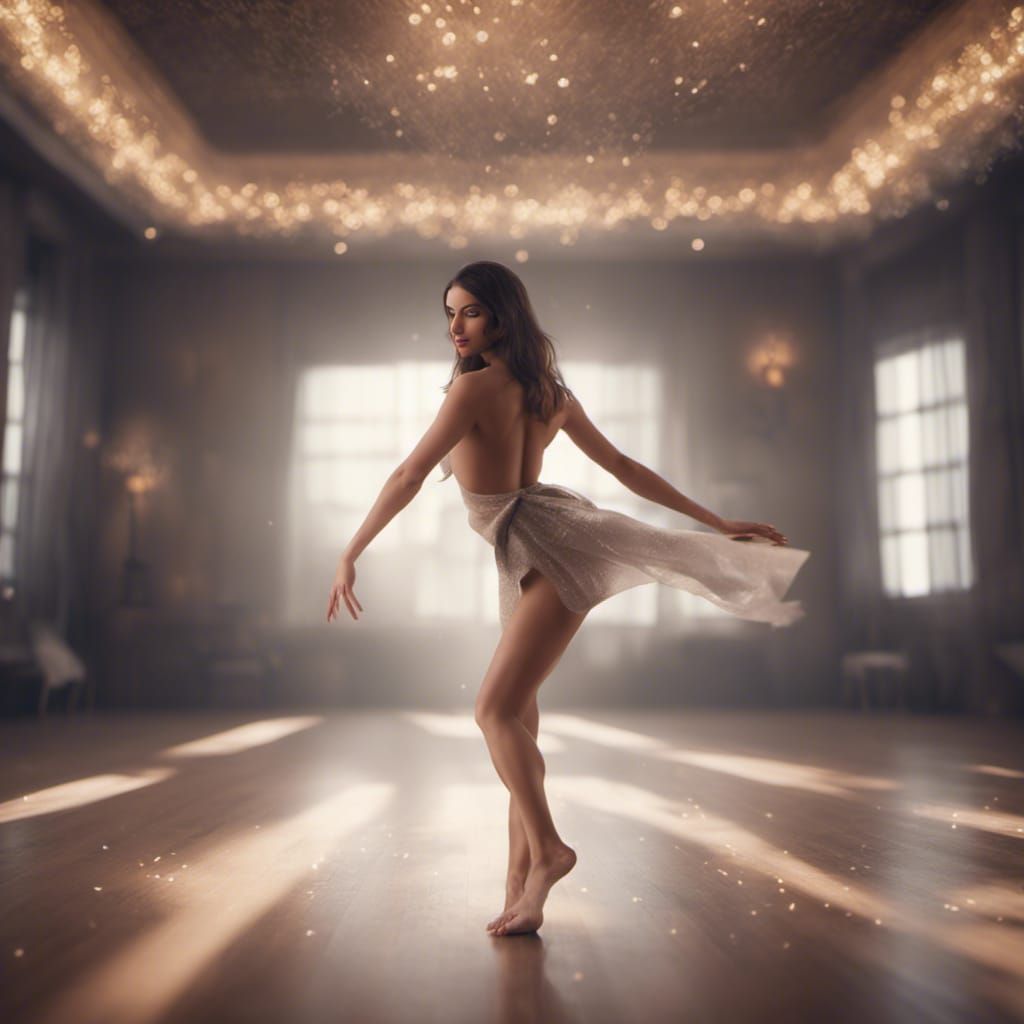 photo-realistic, beautiful brunette dancing and barely dressed, 8k, photography