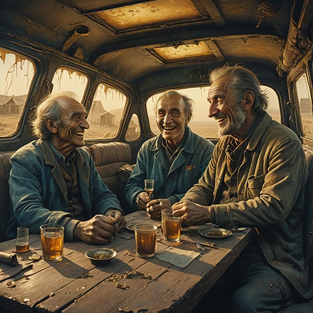 Men in Car: Beksiński-Style Fantasy Art