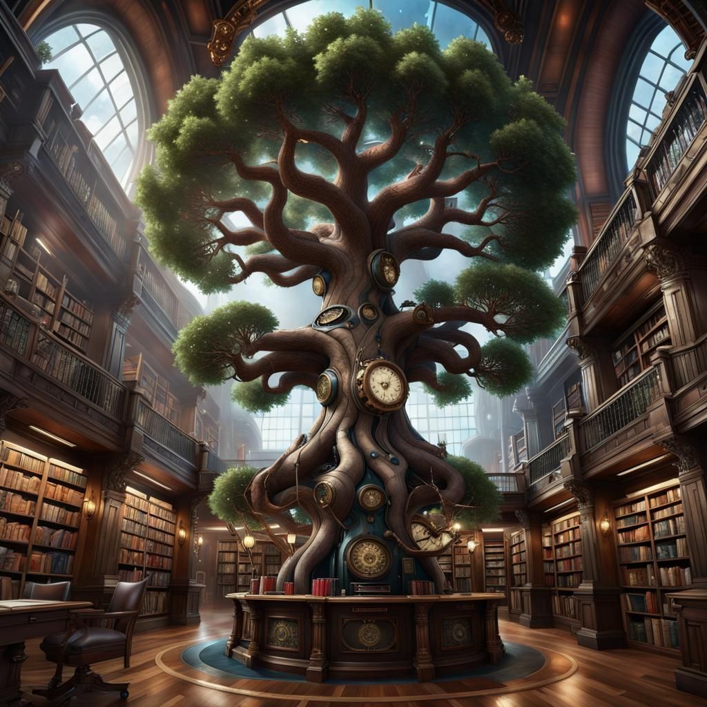 Yggdrasil Tree in Steampunk City Library
