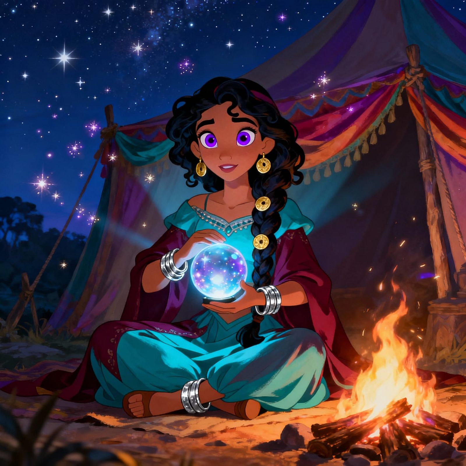 Disney Style Romani Fortune Teller Girl by Campfire