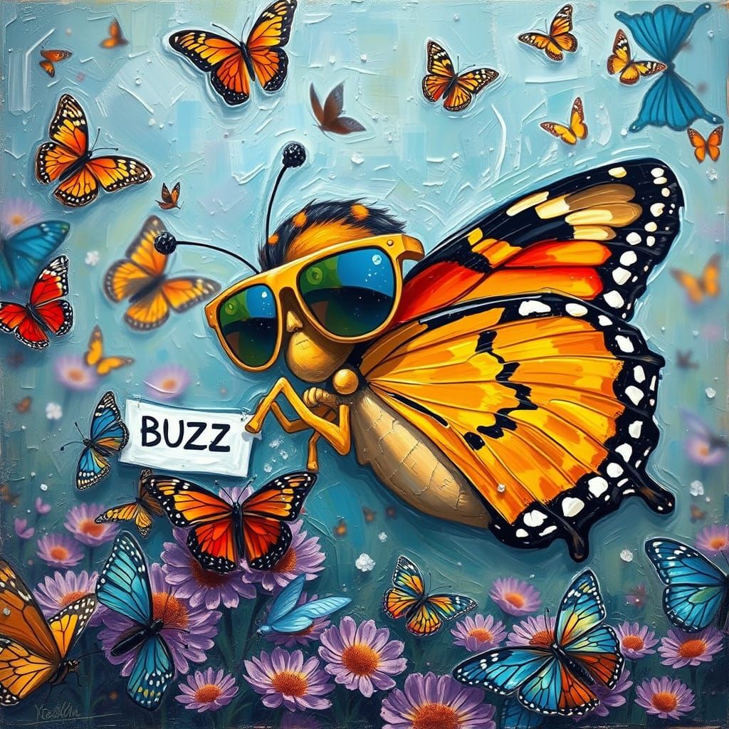 Confused Butterfly Reads 'Buzz' in Impressionist Style