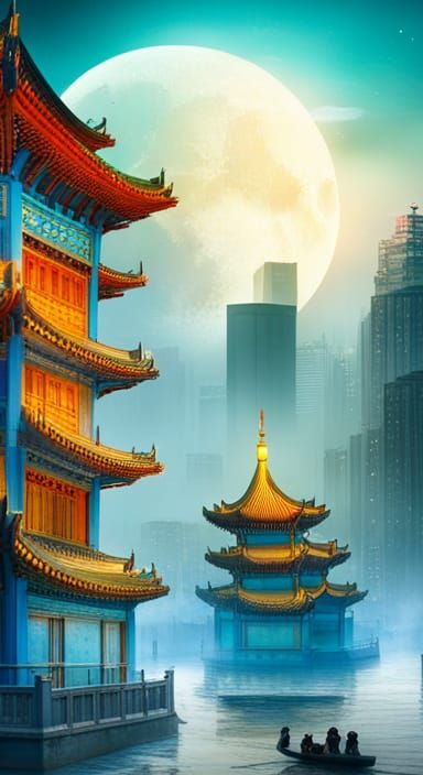 Moon Festival Cityscape with Cyberpunk Wave