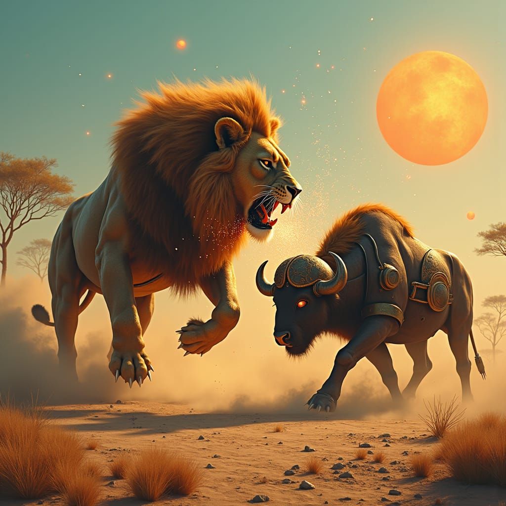 Steampunk Lion vs Buffalo in Savanna Battle