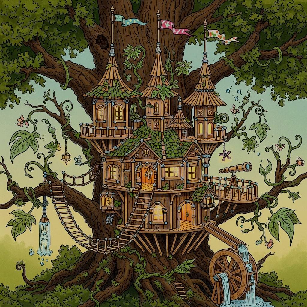 Magical Toothpick Treehouse: Whimsical Fantasy Illustration