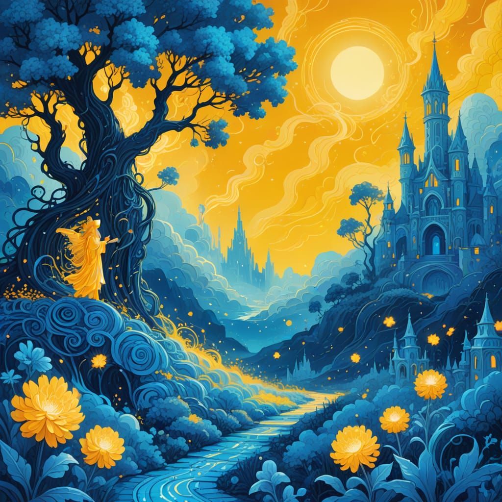 Ethereal Angel in Blue and Yellow Fantasy World