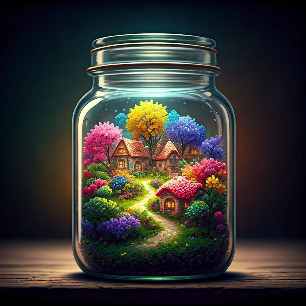 Whimsical Village in Glass Jar, Dreamlike Digital Art