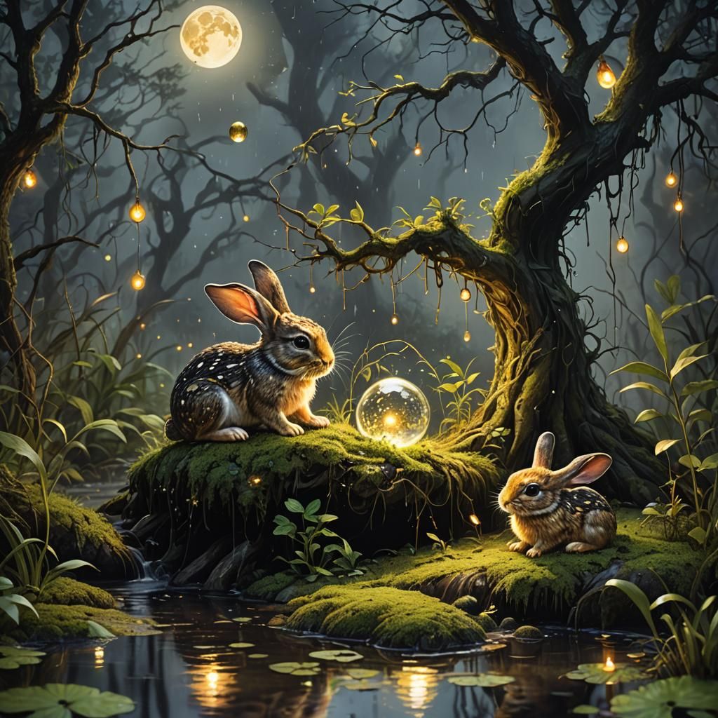 Magical Swamp Rabbits in Moonlight