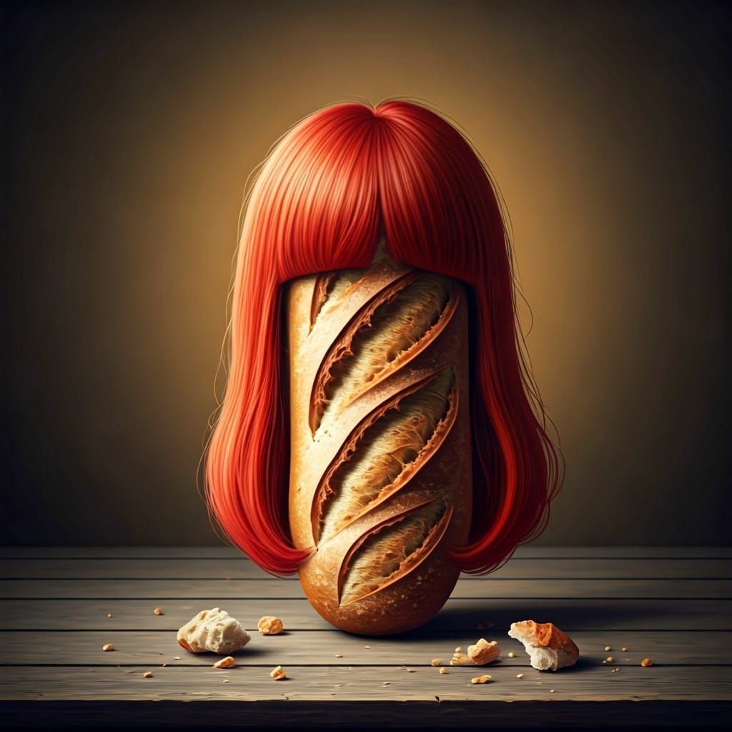 Baguette with Red Wig in Pop Surrealist Style