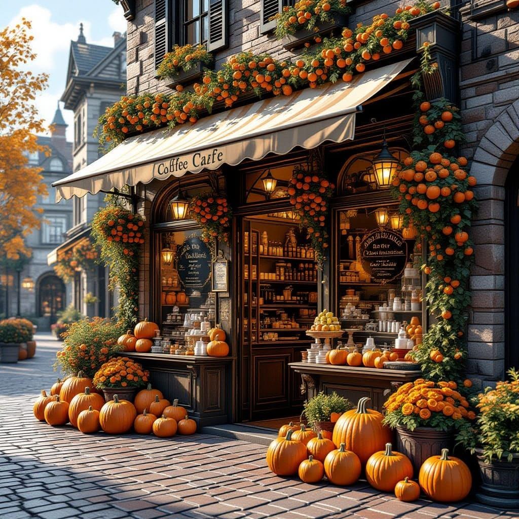 Cozy Cafe on Charming Street with Festive Decorations