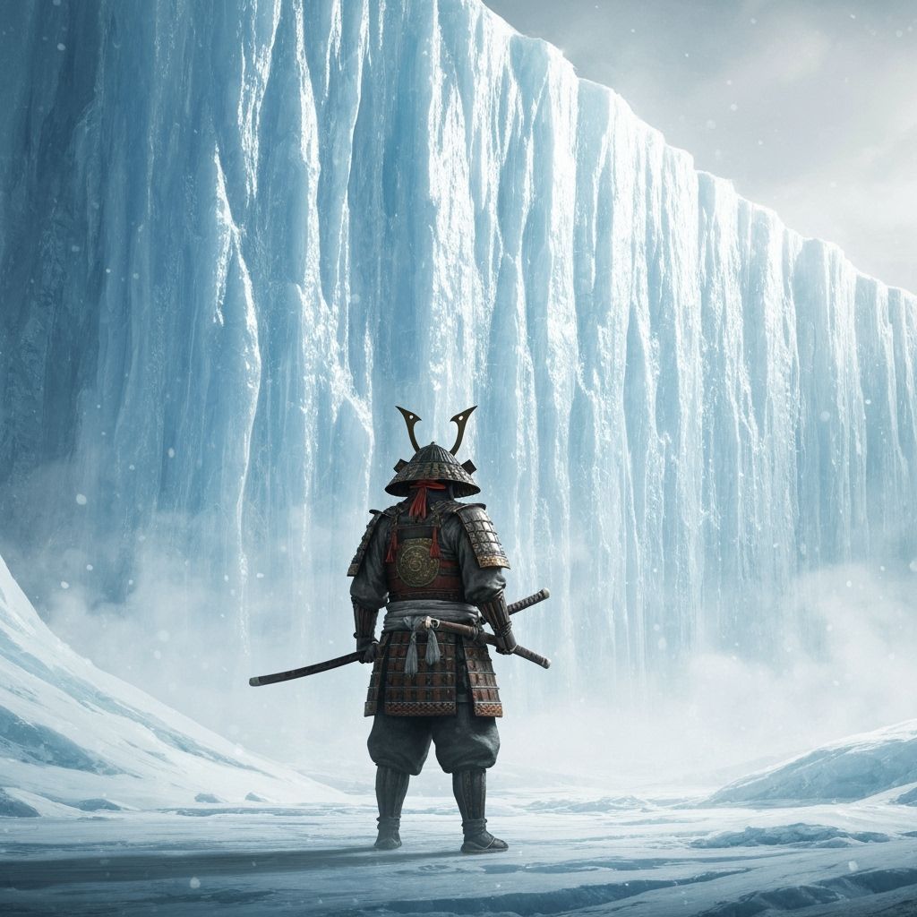 Samurai Warrior Before Epic Ice Wall in Ink Wash Style