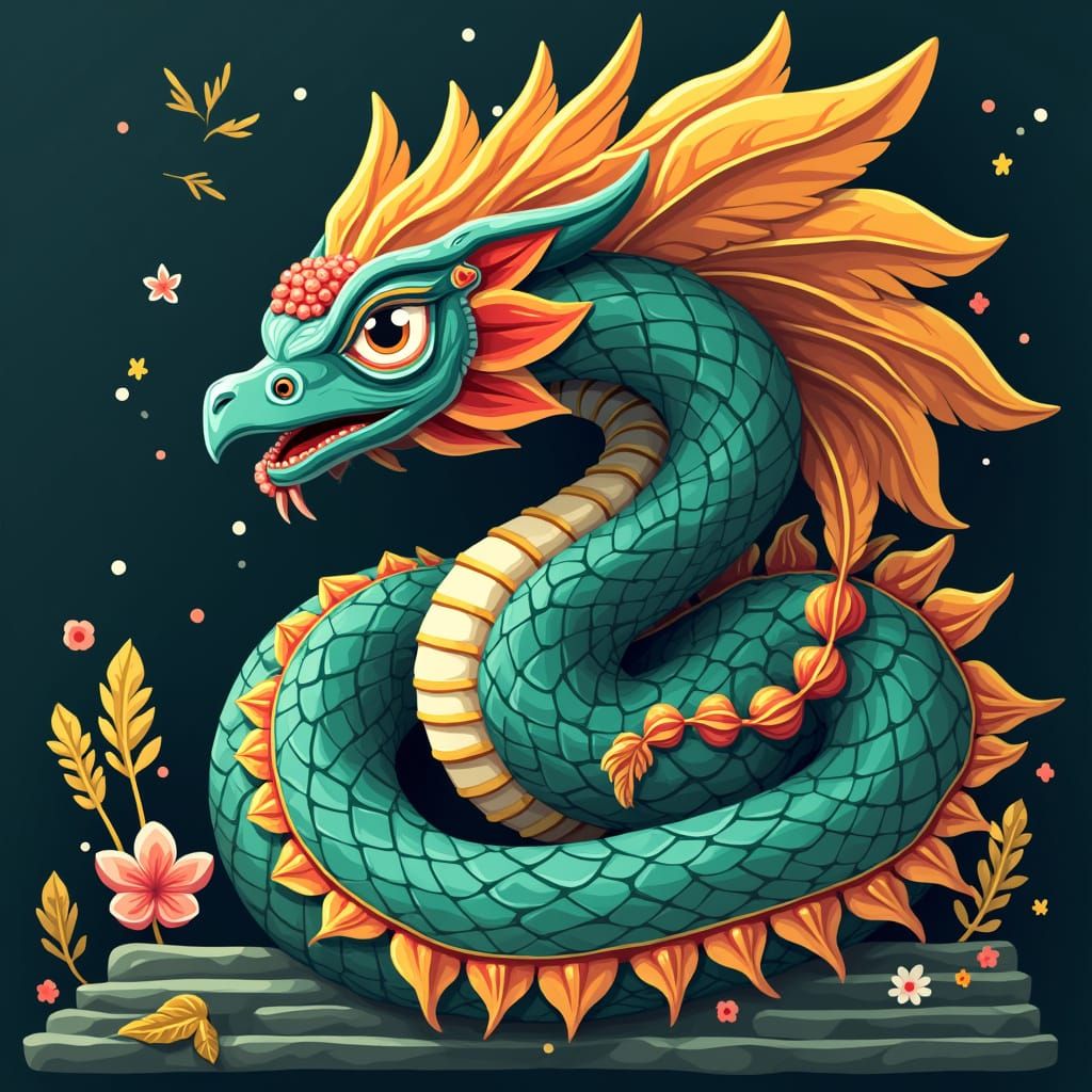 Quetzalcoatl in Aztec Temple, Animated Style