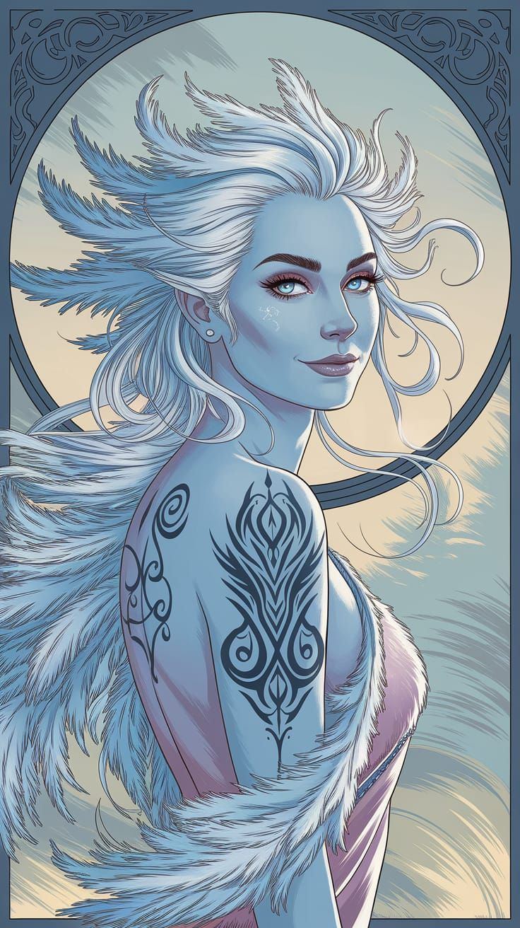 Ethereal Blue Woman with Gothic Tattoos in Art Nouveau
