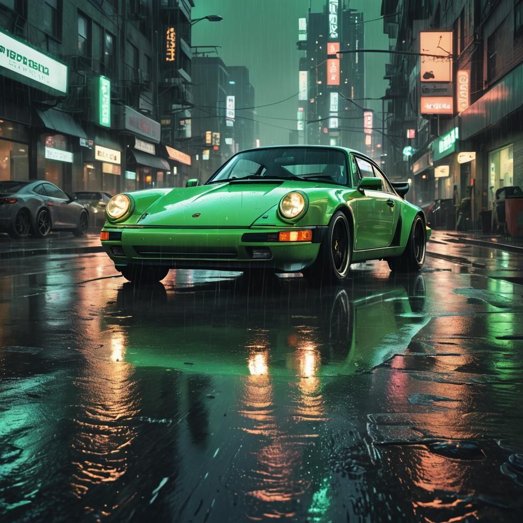 Porsche 911 in Cyberpunk Cityscape with Neon Glow
