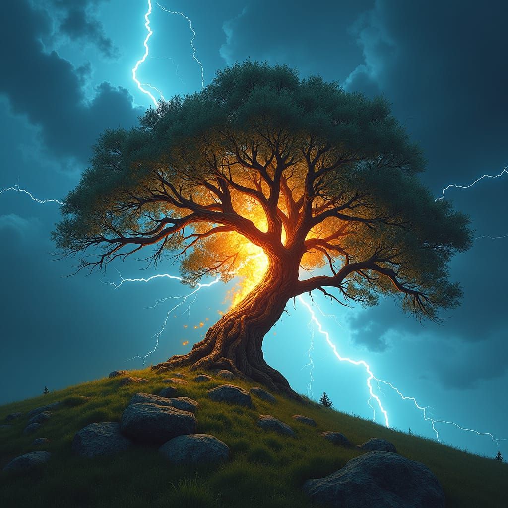 Lightning Strikes Ancient Tree on Emerald Hill