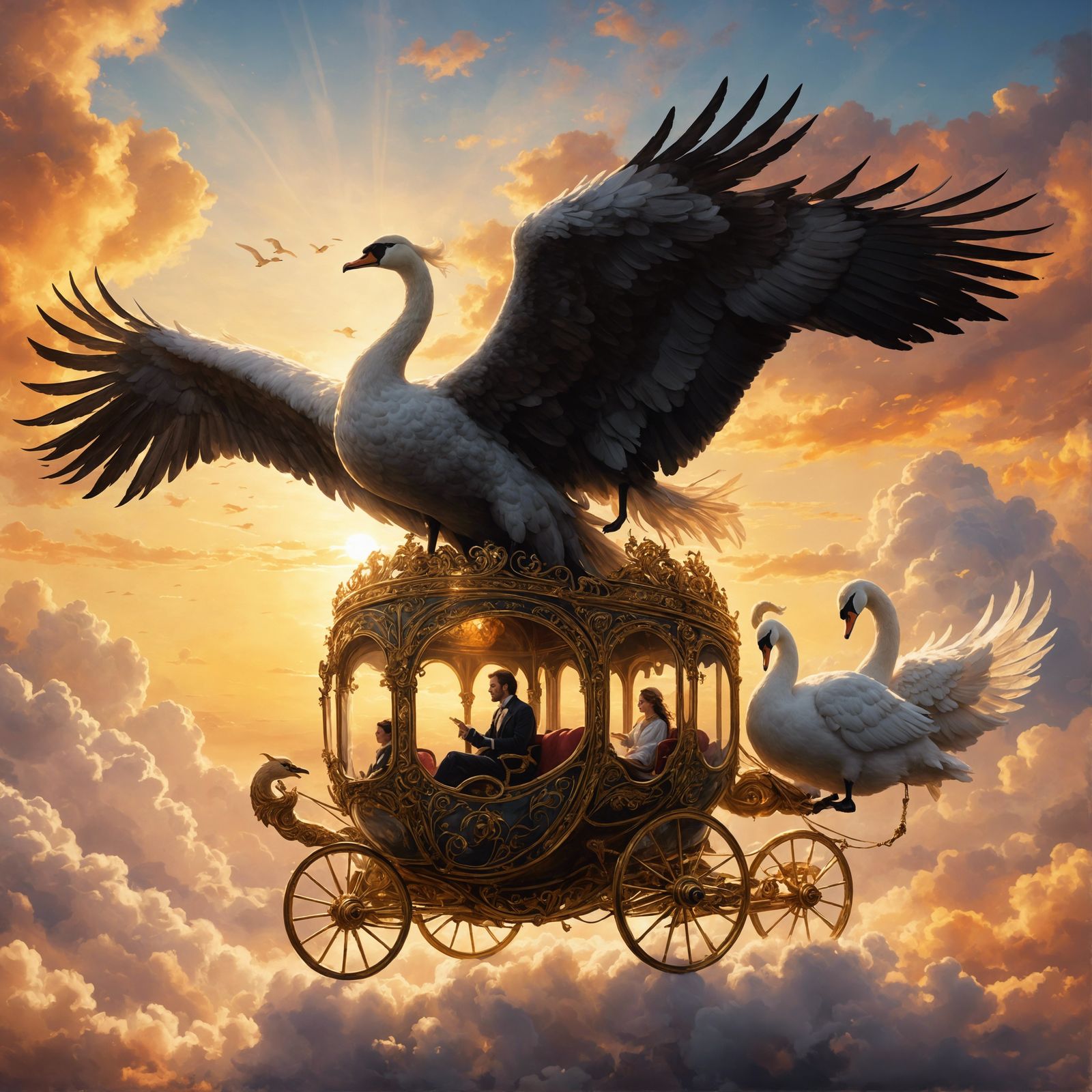 Swan-Drawn Carriage Flies into Sunrise: Watercolor Art
