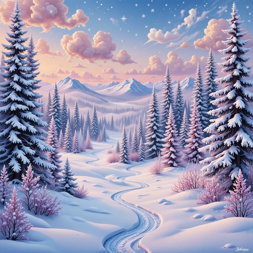 Dreamy Winter Wonderland in Enchanting Oil Painting Style