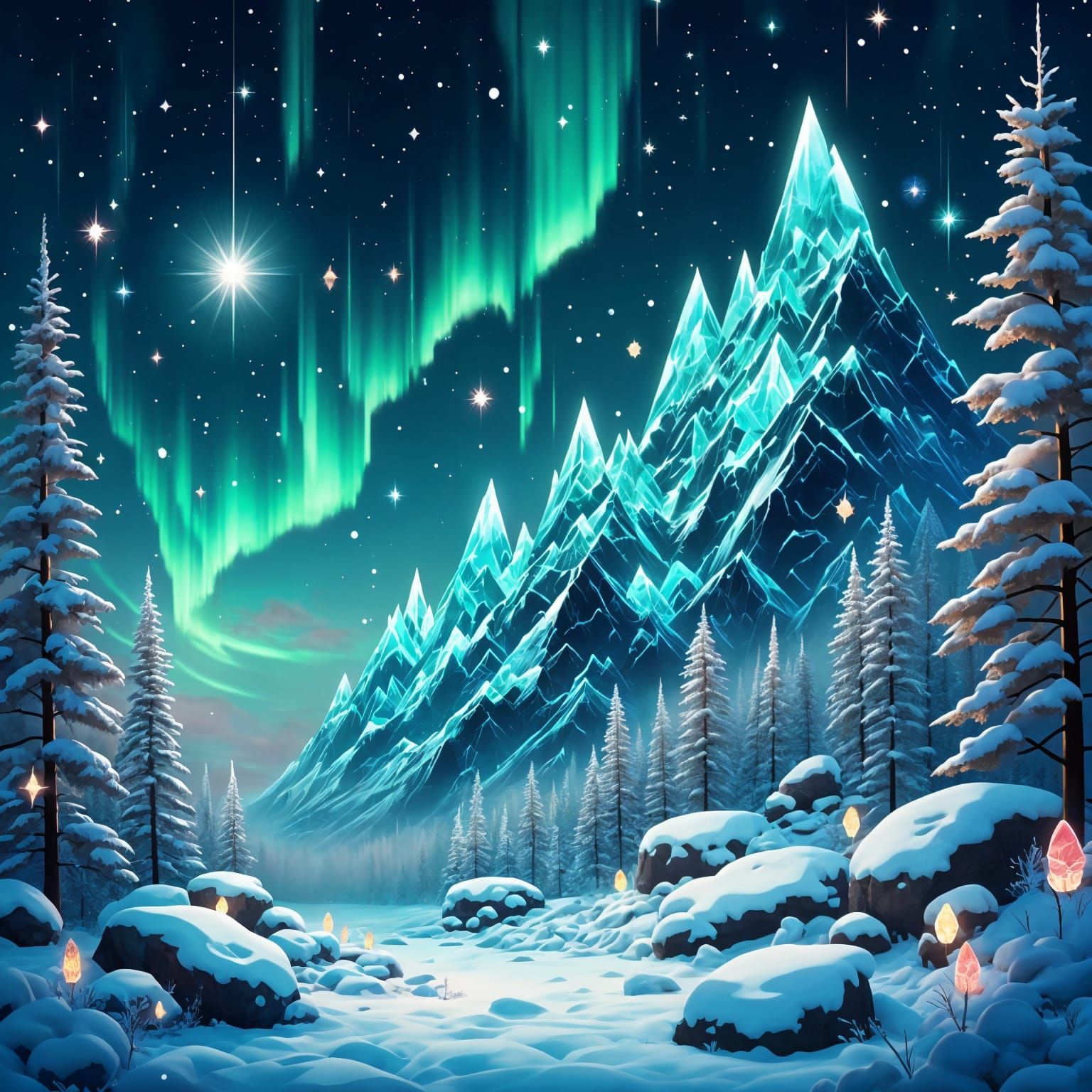 Aurora-Infused Aquamarine Mountains in Cosmic Twilight