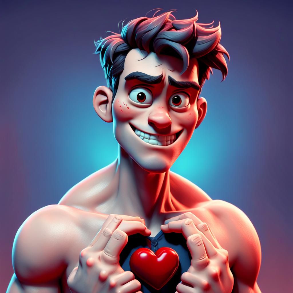 Sad Cartoon Man with Missing Heart, 3D Art
