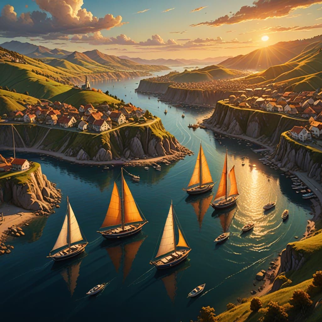 Vibrant Sunset Harbor Scene in Oil Painting Style