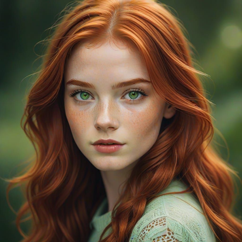 Confident Redhead with Green Eyes in Soft Focus