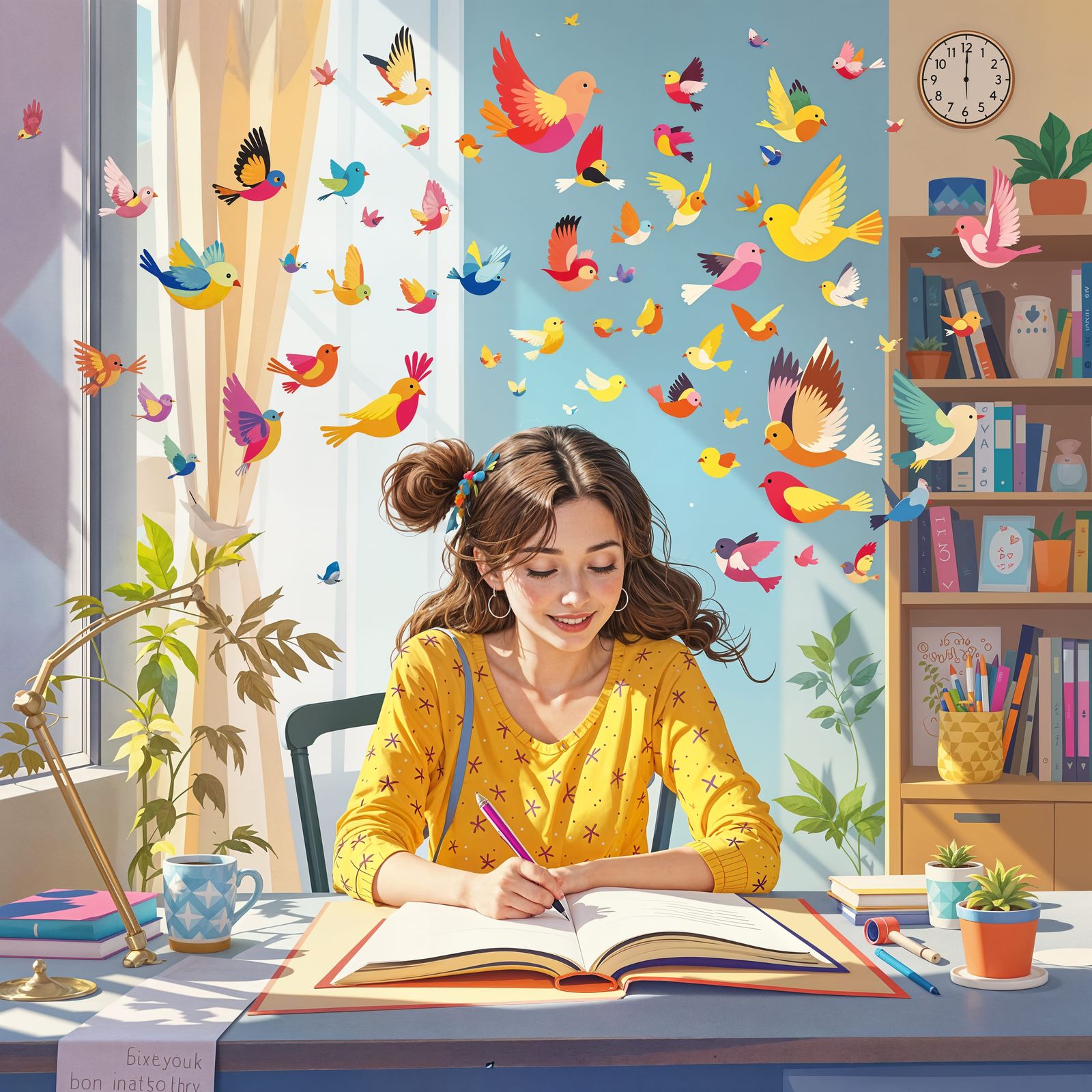 The Whimsical Bird Scribe in Vibrant Digital Art