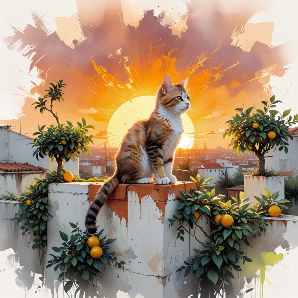 Kitten in Rooftop Citrus Orchard: Watercolour Summerscape