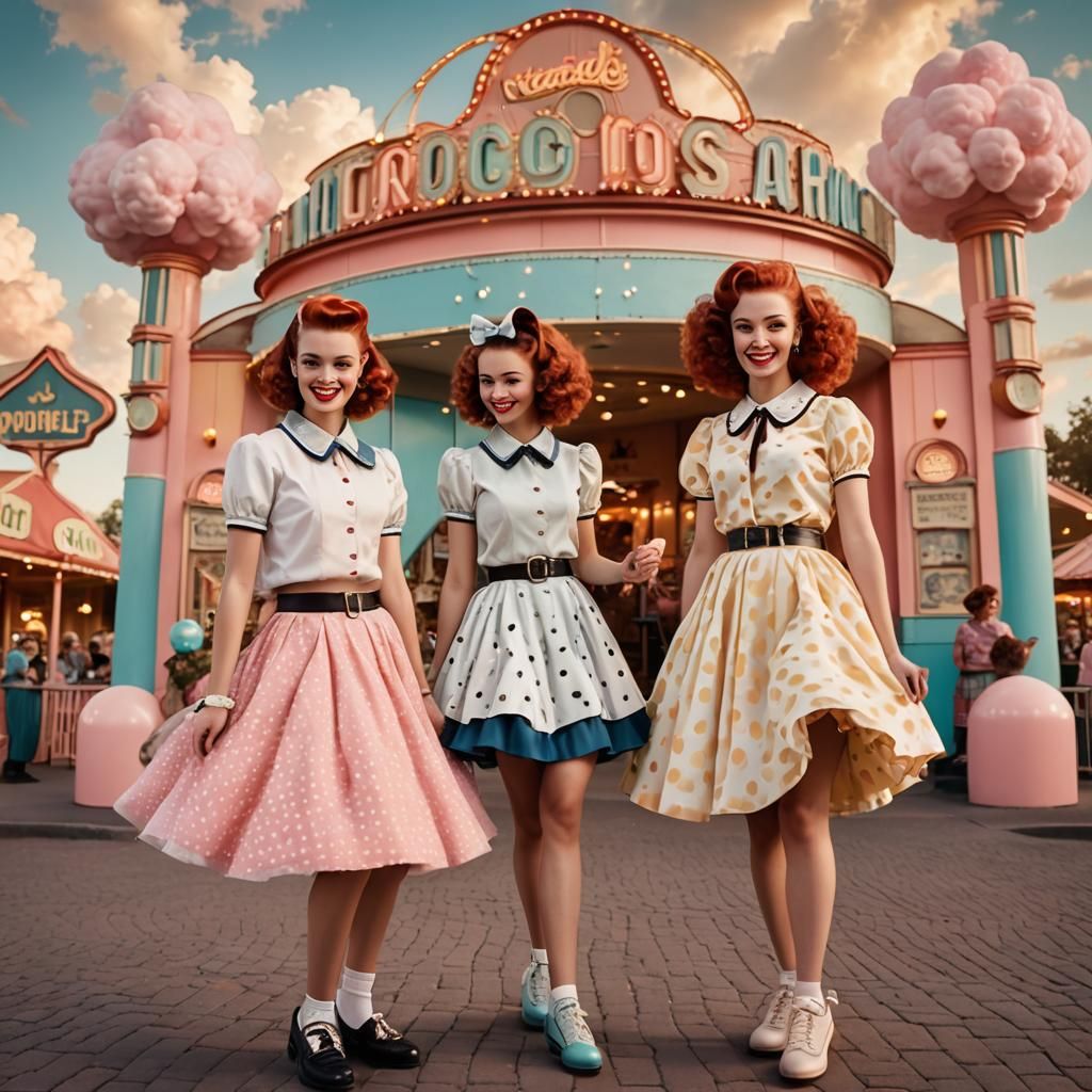 1950s Teens at Theme Park: Retro-Futuristic Digital Art