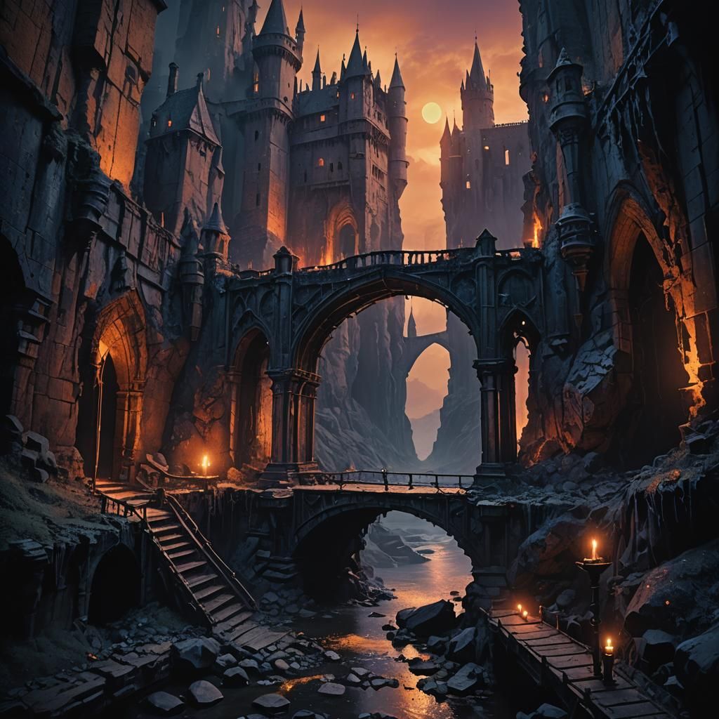 Ominous Gothic Castle with Portal in Dark Fantasy Style