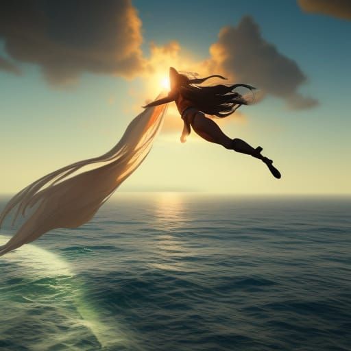 Woman Flies Over Ocean at Sunset: Hyperdetailed Concept Art
