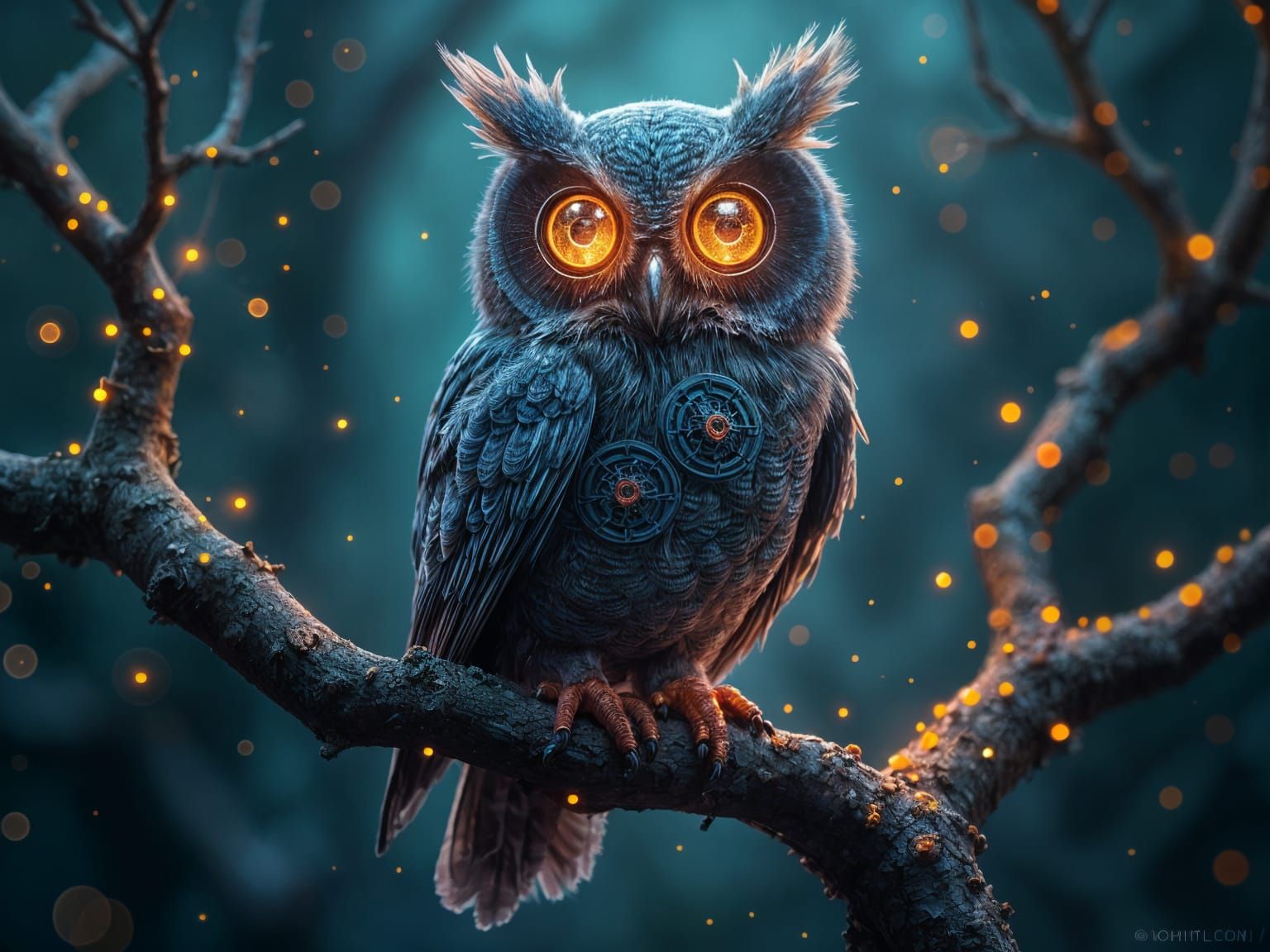 Clockwork Owl on Binary Code Branch in Nebula