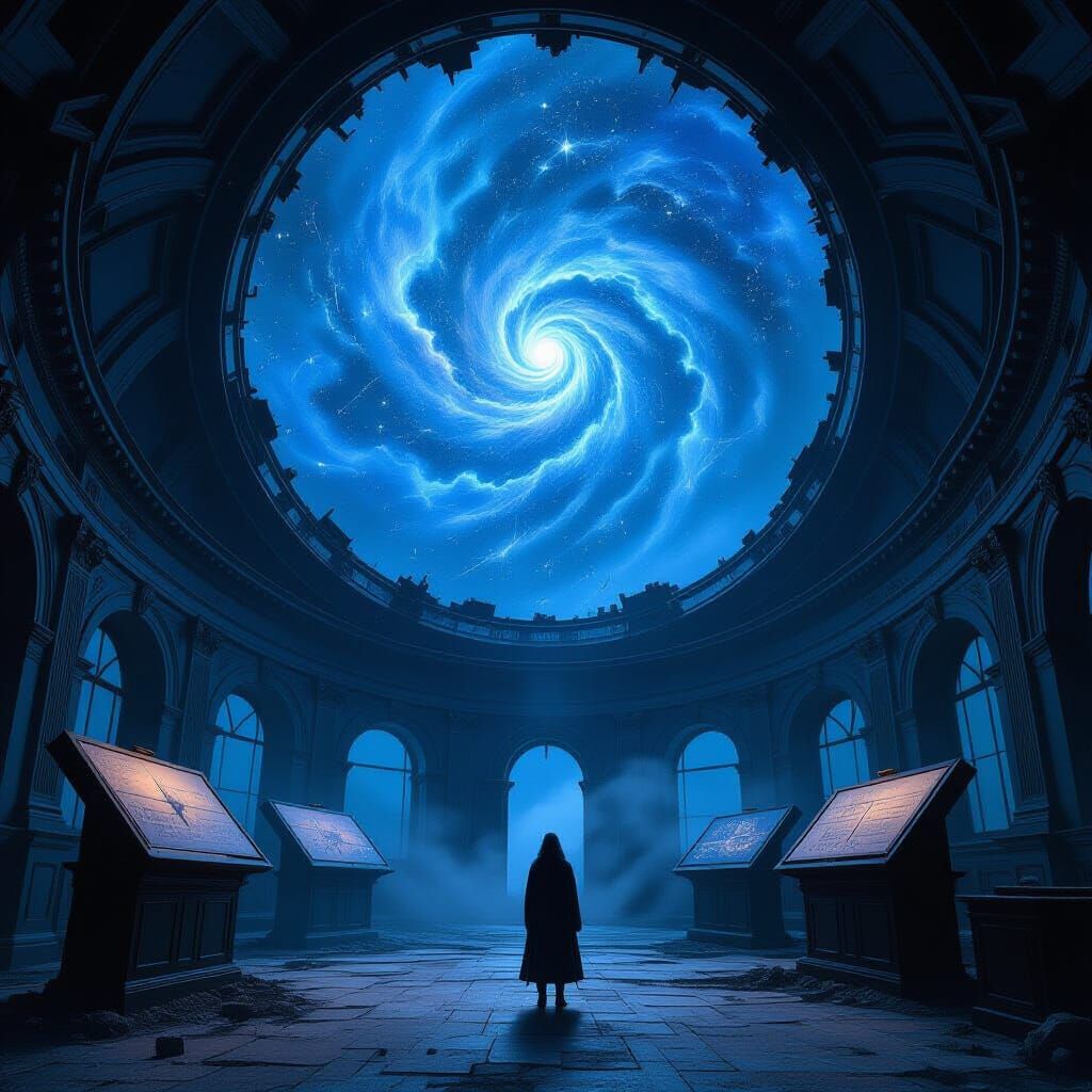 An abandoned Victorian observatory, its dome cracked open to...