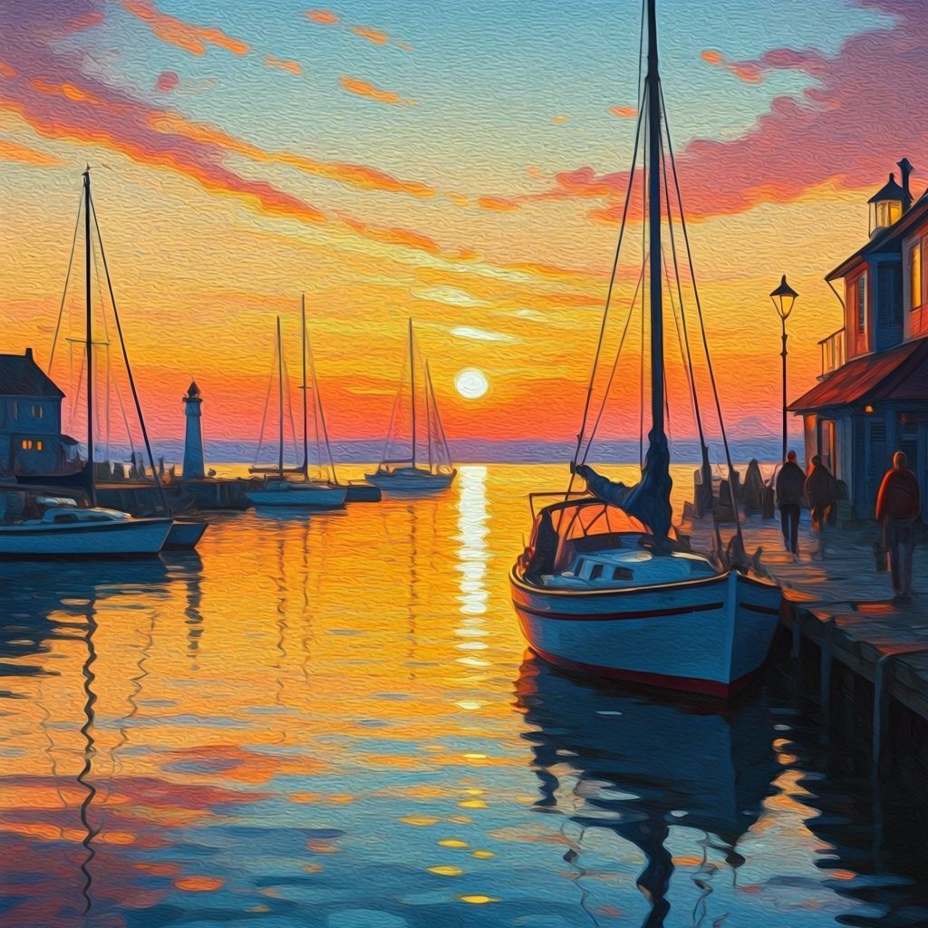 Impressionist Sunset Harbor Scene with Sailboats