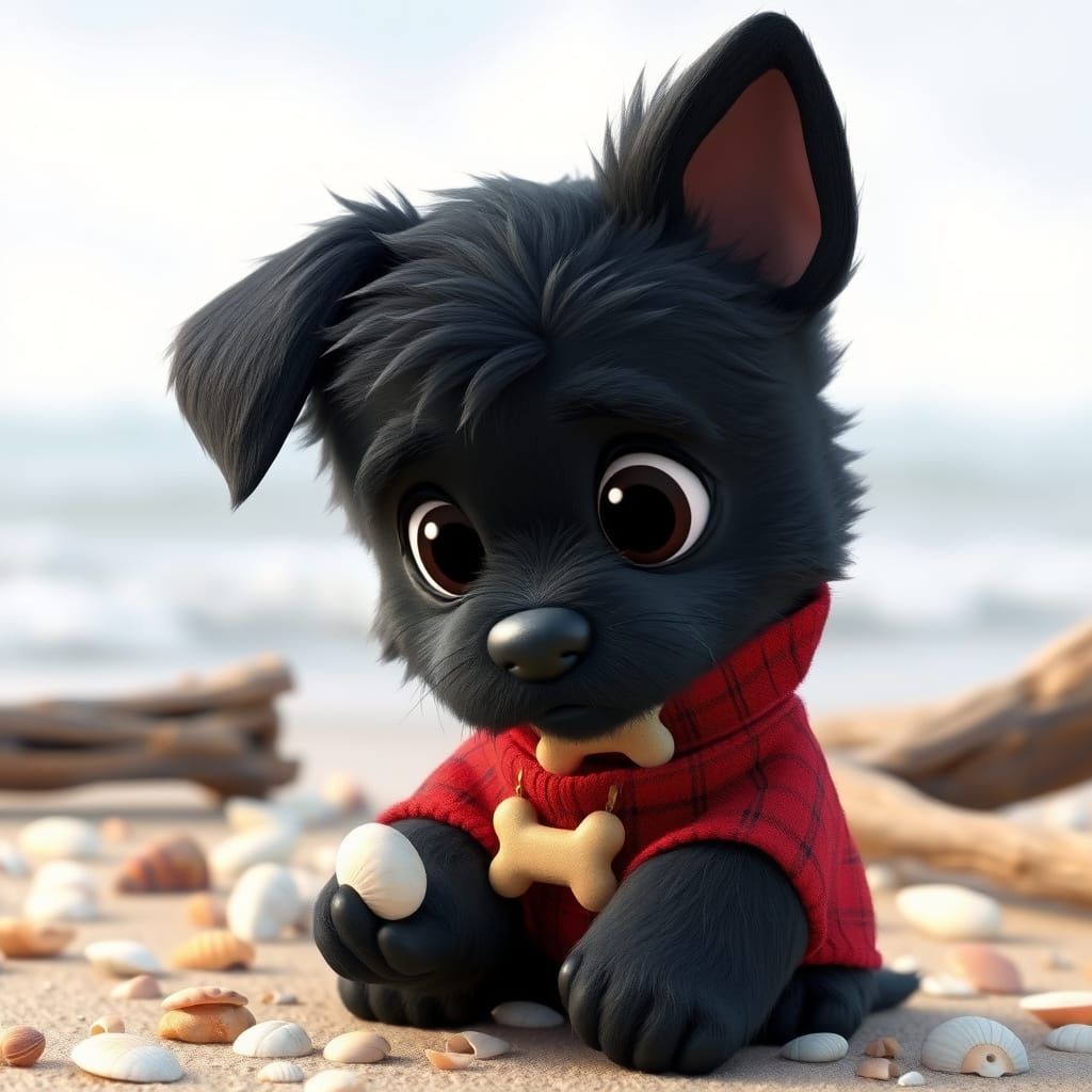 Cute Black Puppy Confused by Tiny Shell: Pixar Style