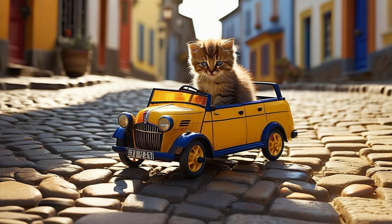 Kitten's Joyful Ride: A Cyberpunk Summer Scene