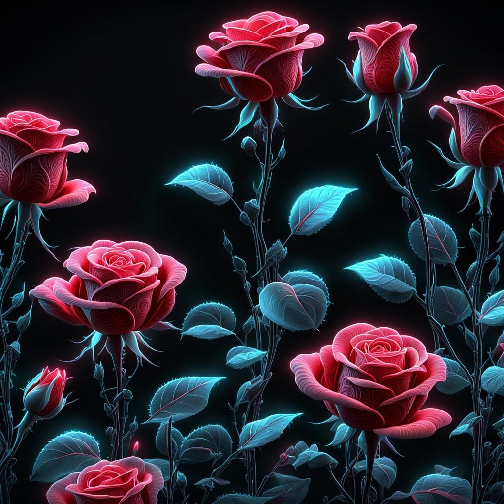 whimsically stylized bioluminescent red roses