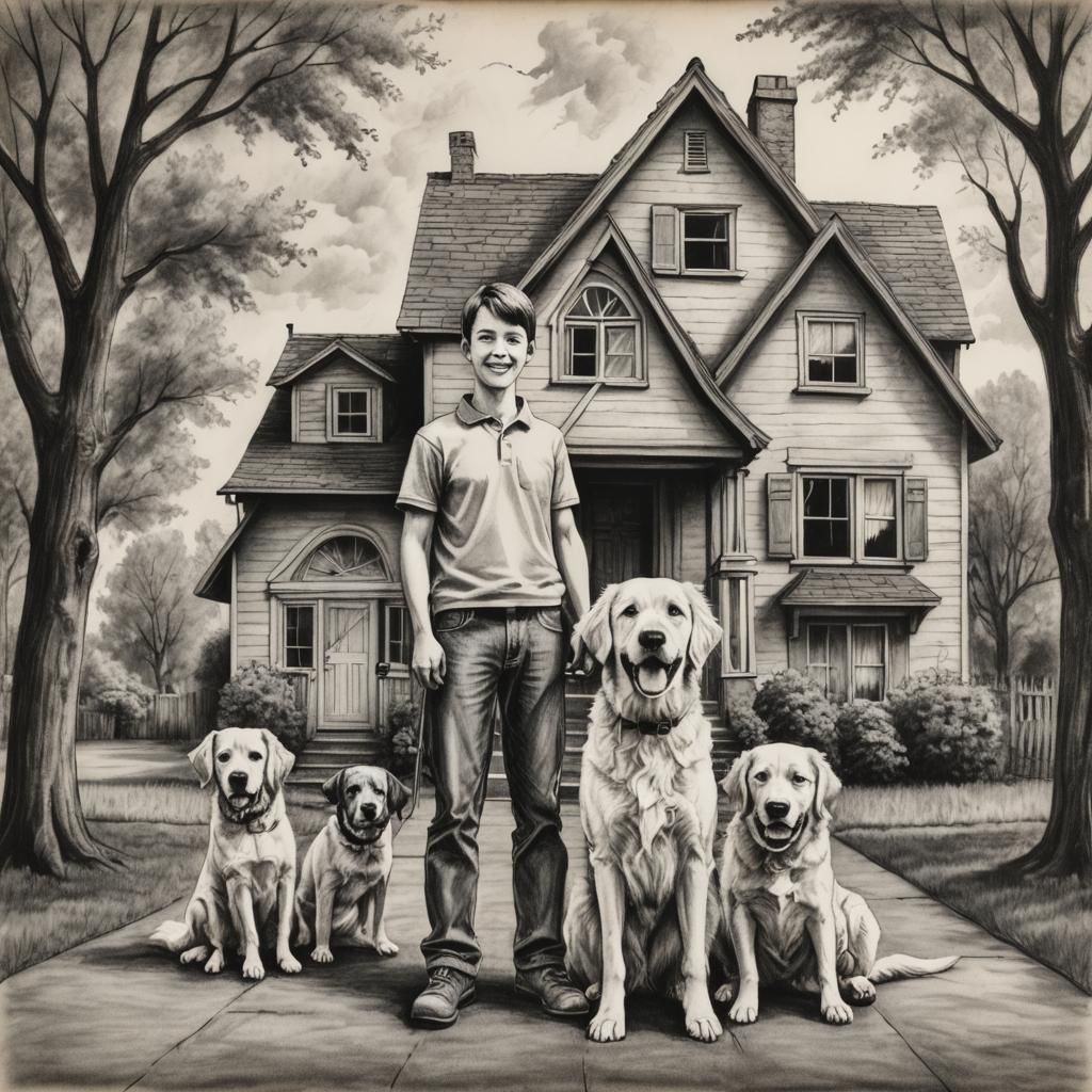 Detailed Charcoal Drawing: House, Family, and Dog