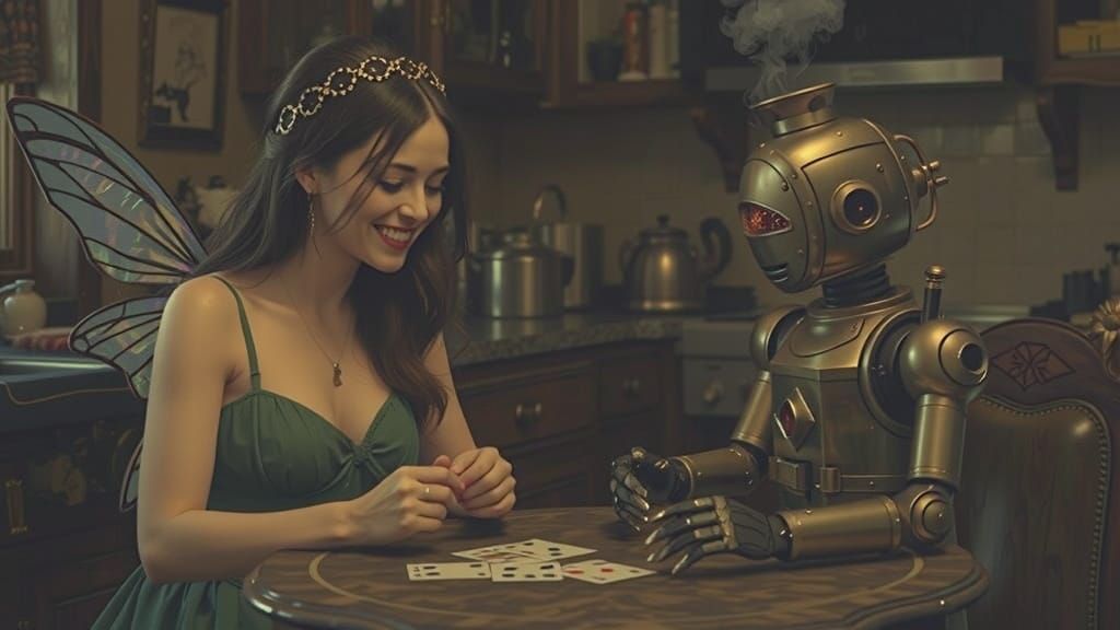 Fairy and Robot Play Cards in Victorian Kitchen