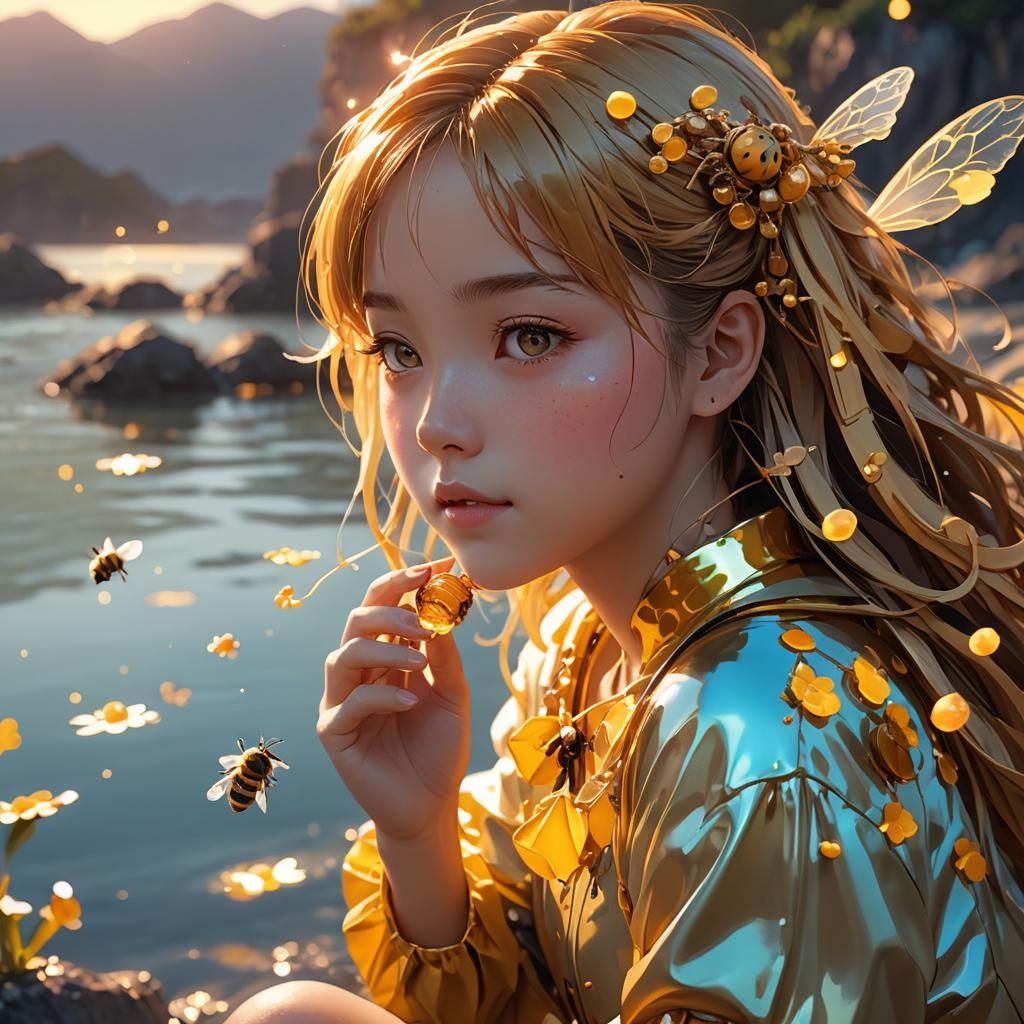 Bee Girl Portrait Eating Honeycomb, 3D Anime Art