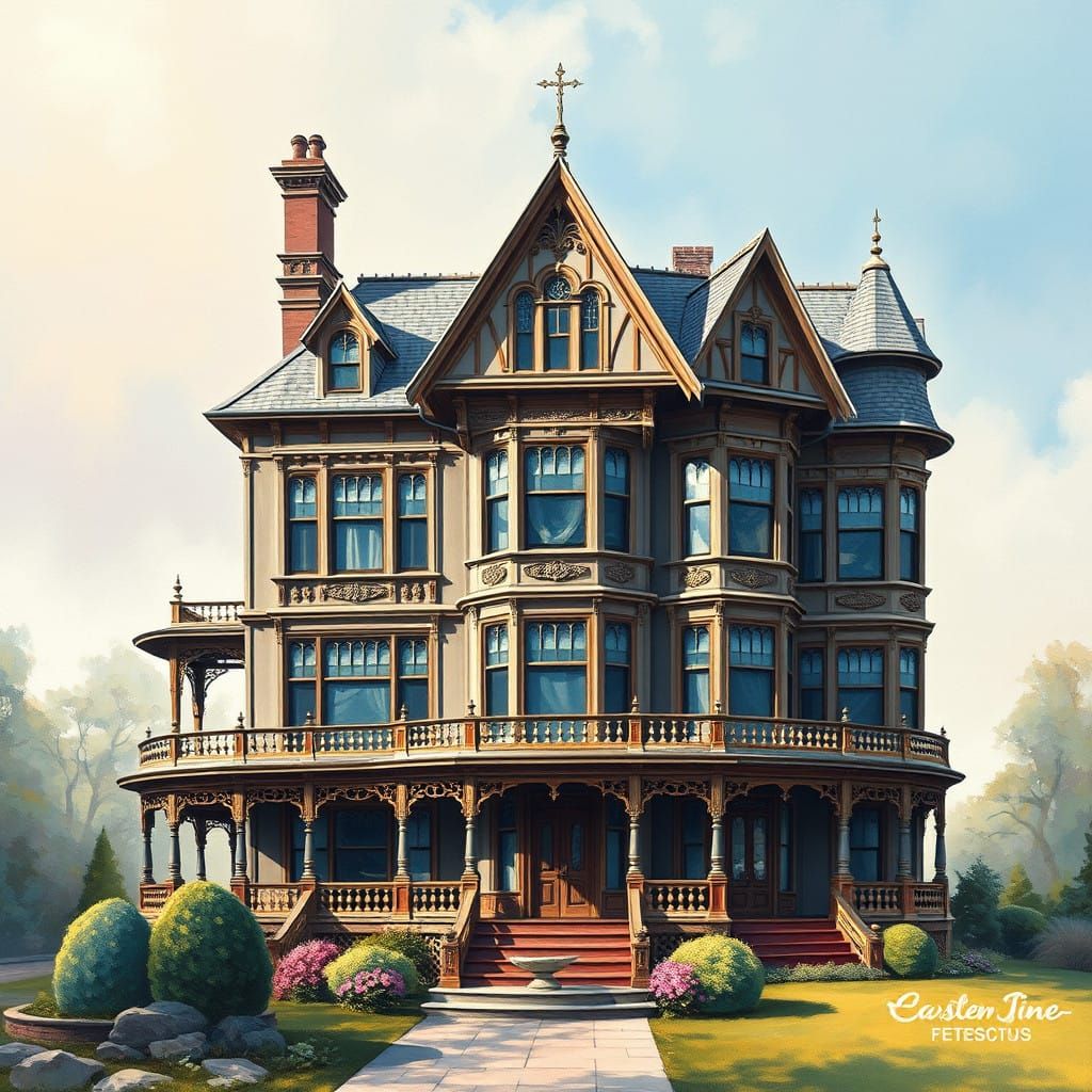 Grand Victorian Estate in Vibrant Gouache Style