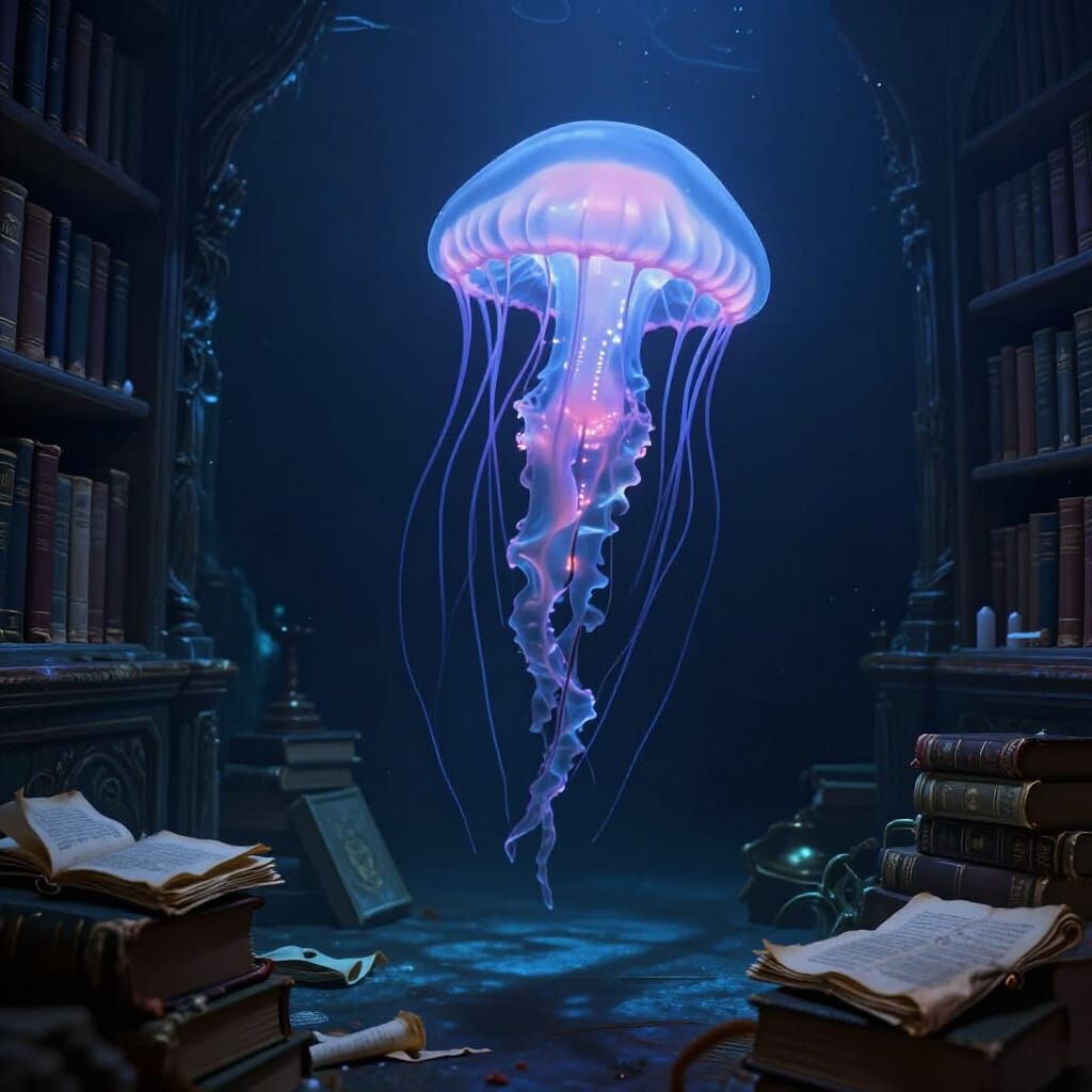 Majestic Jellyfish Illuminates Sunken Ancient Library