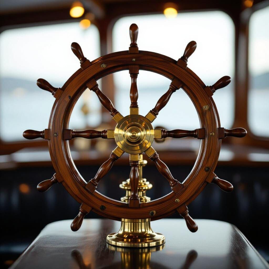 Golden Ship Wheel on Black Background, Professional Photogra...