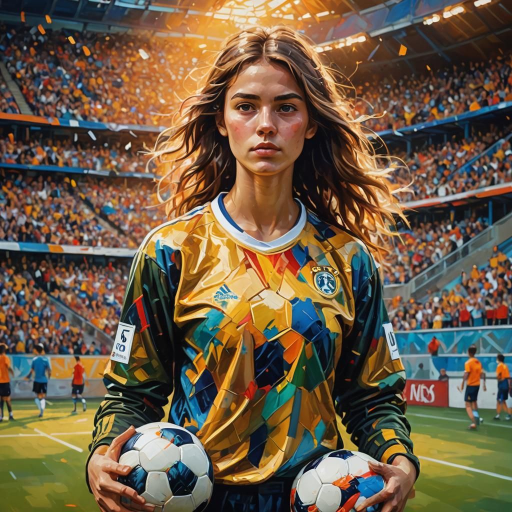 Woman with Soccer Ball in Neo-Impressionist Style