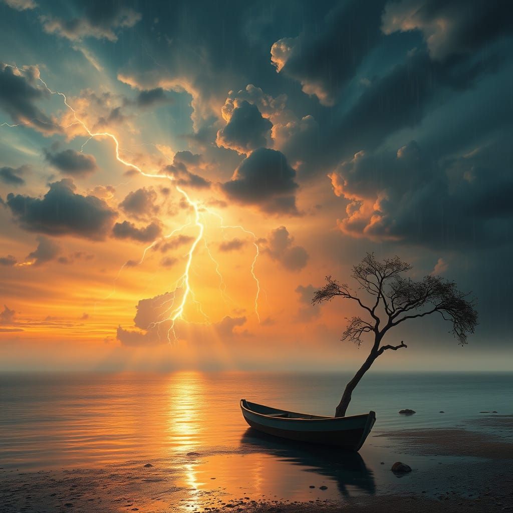 Surreal Stormy Lagoon Masterpiece in Watercolor Style